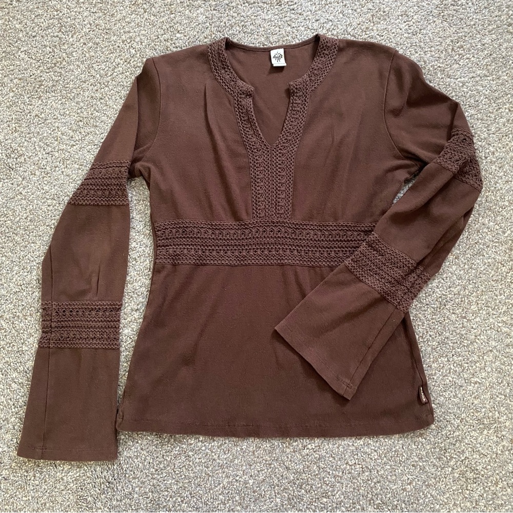 PrAna VTG Organic Cotton Womens Large Brown Vneck Boho LS Shirt EUC